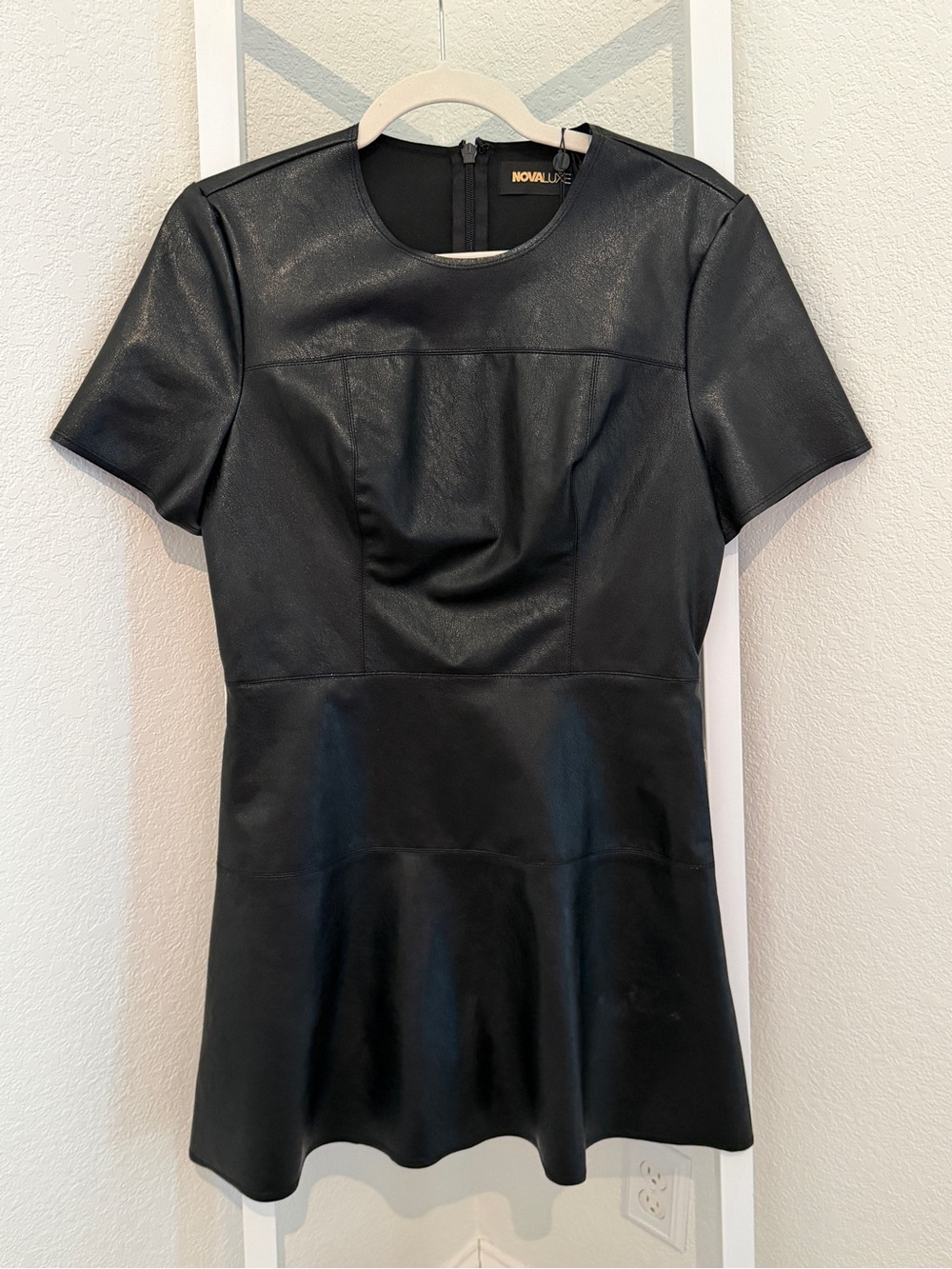 Fashion Nova Black Faux Leather Short Sleeve Fit-and-Flare Dress